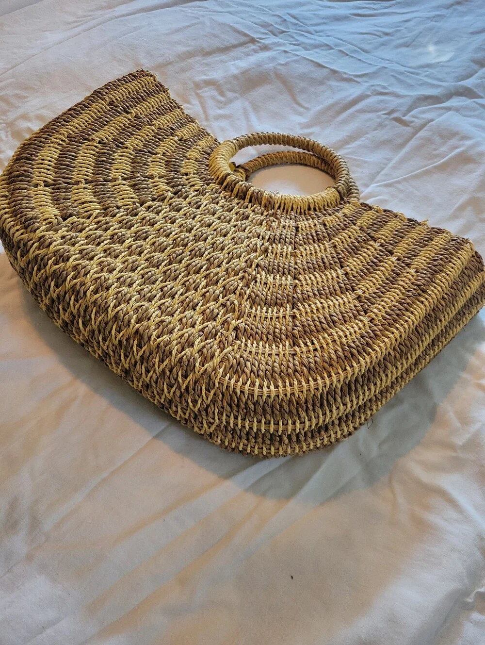 Vintage Sun-N-Sand Woven Straw Half Moon Tote Beach Bag Round Handle Boho - Picture 14 of 14